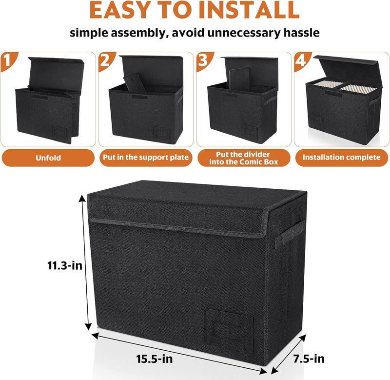 YSCARE صندوق تخزين كتب الكوميك 2-pack، صندوق كوميك قابل للطي مع فواصل ومقابض حمل، صندوق كوميك قصير يحمل 150 كوميك، 15.5" × 7.5" × 11.3" صندوق ثقيل قابل للتكديس - Image 3